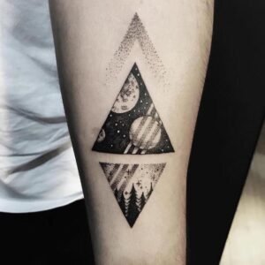 geometrical triangles in black and white forearm tattoo space tattoo ideas trees planets and stars