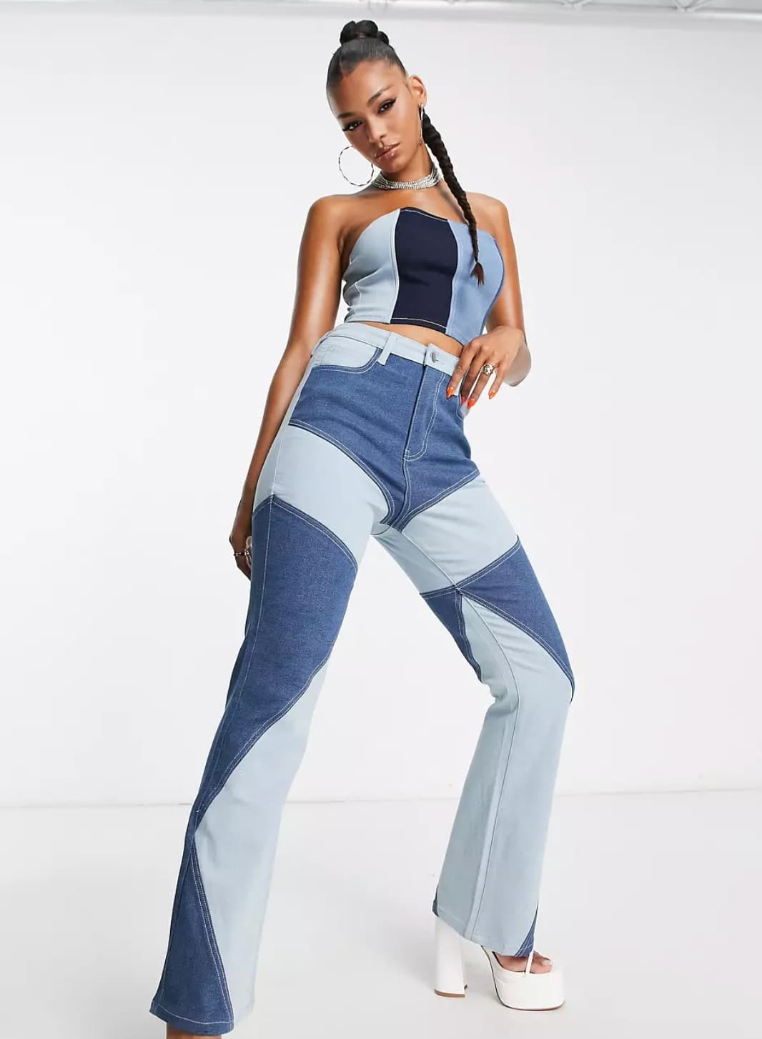 Fashionkilla 90s patchwork flare jeans in blue
