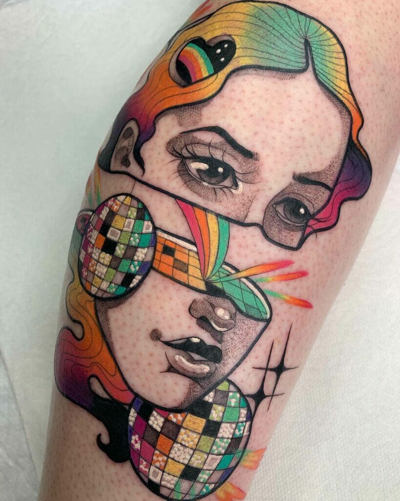 Pride disco ball tattoo women ideas