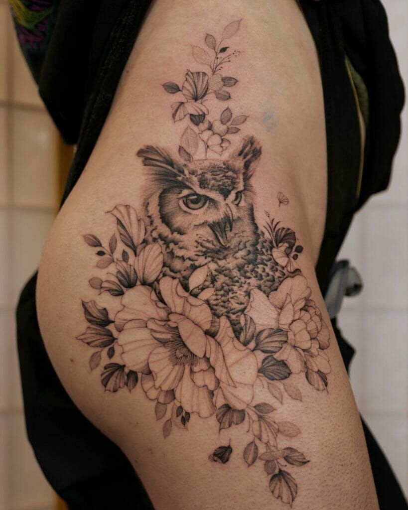 Girly Owl Thigh Tattoo