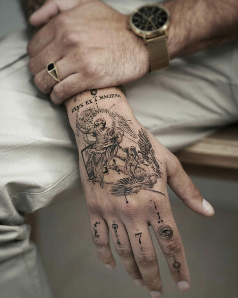 Gray tattoos based on Greek surrealist art