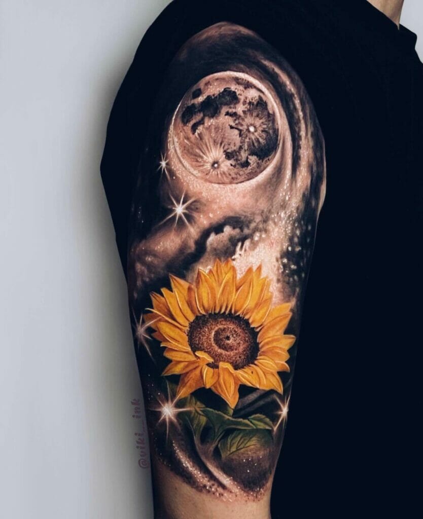 Realistic black and gray colored sunflower tattoo