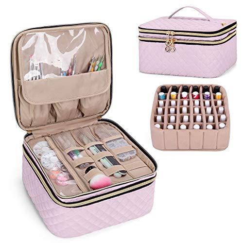 Yarwo Double Layer Nail Polish Organizer, Holds 36 Bottles (15ml), Nail Polish Case and Manicure Accessories (SINGLE POUCH, PATENTED DESIGN), Pink.