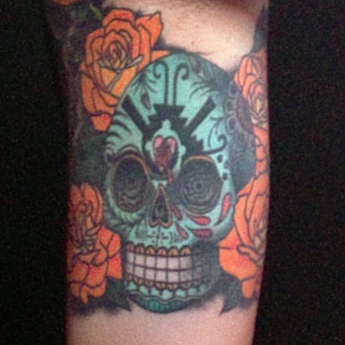 Alexis Krauss Sugar Skull Tattoo on Forearm