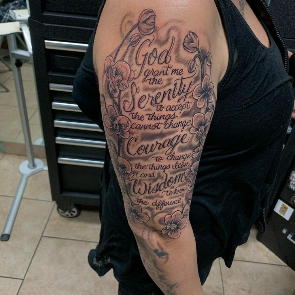 Black and gray serenity prayer tattoo