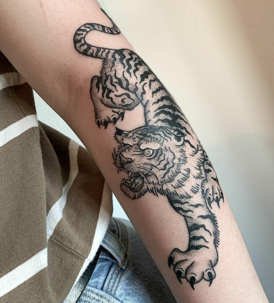 Black and Gray Traditional Tiger Tattoo