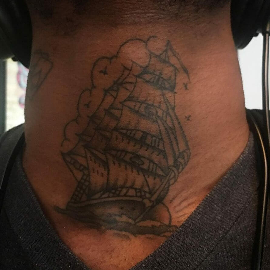 Traditional ship tattoo in black and white