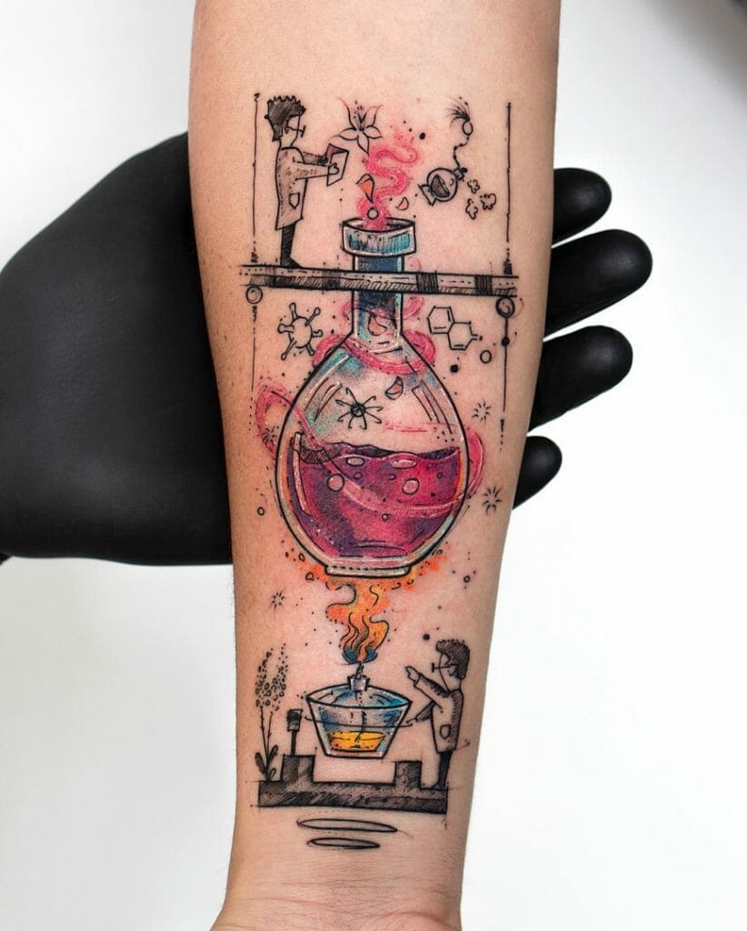 Detailed chemist perfume manufacturing process tattoo