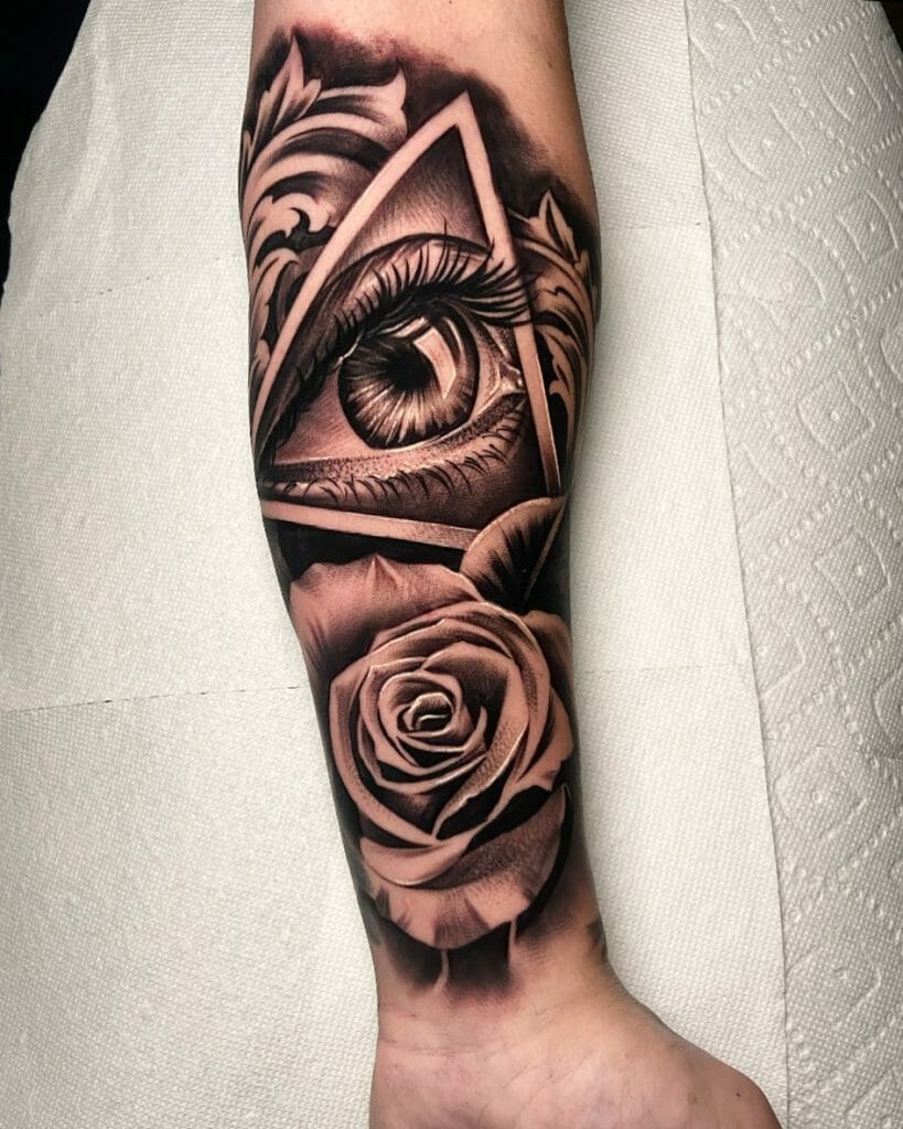 Eyes and rose tattoo