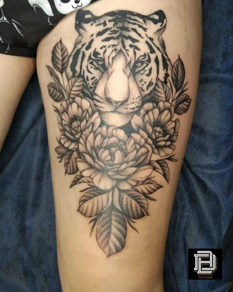 Flower Tiger Thigh Tattoo