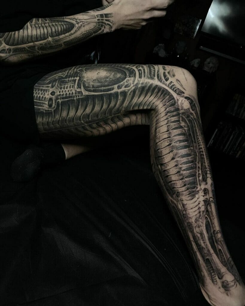 Leg skeleton mechanic tattoo