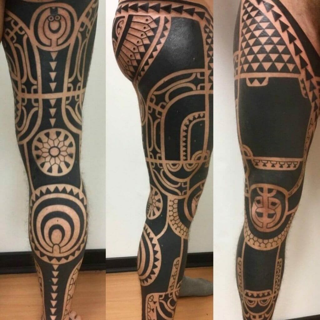 Marquesan inspired tribal leg tattoo