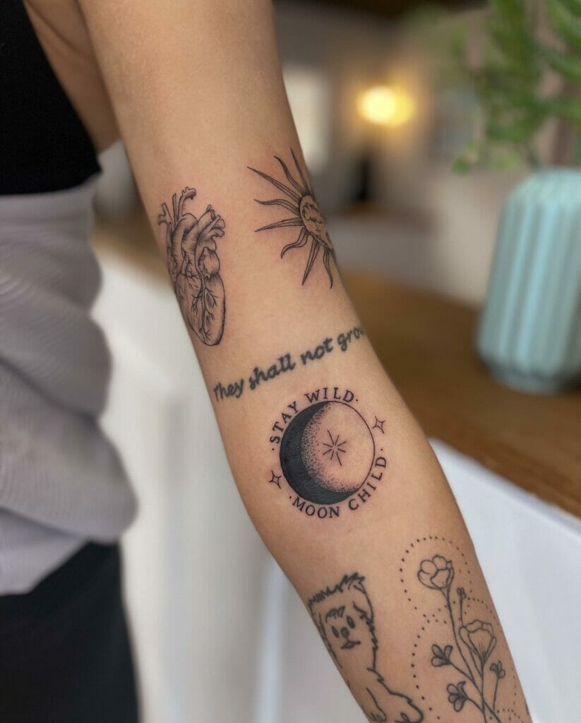 Patchwork clouds inside sun tattoo on inner biceps