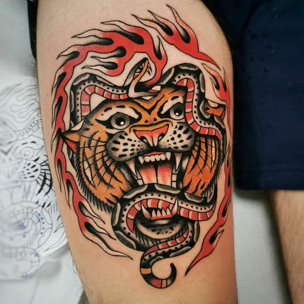 Snake and Tiger Traditional Tattoo