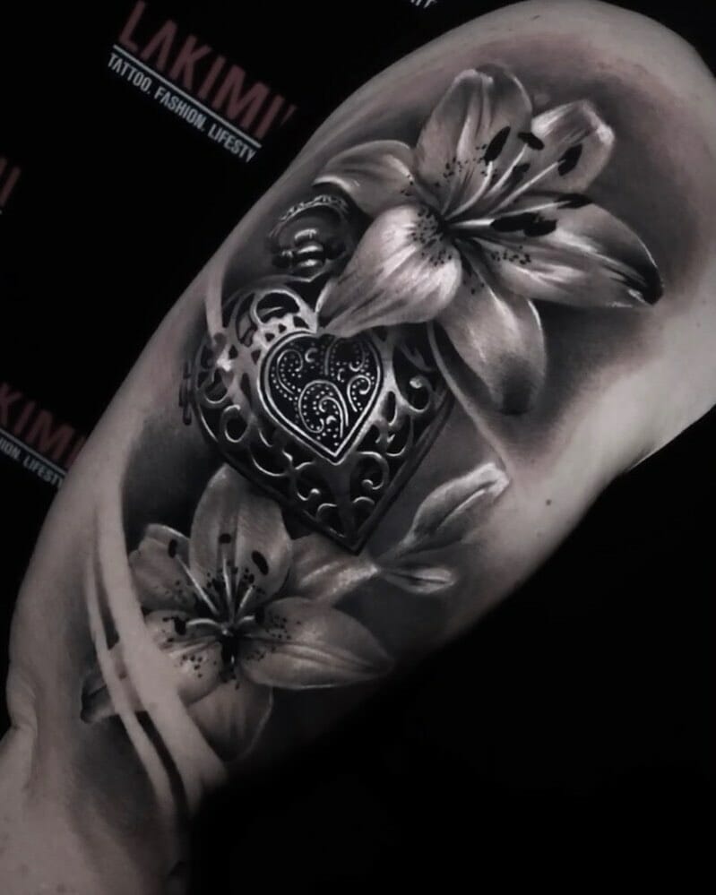 Steel heart lock and key tattoo