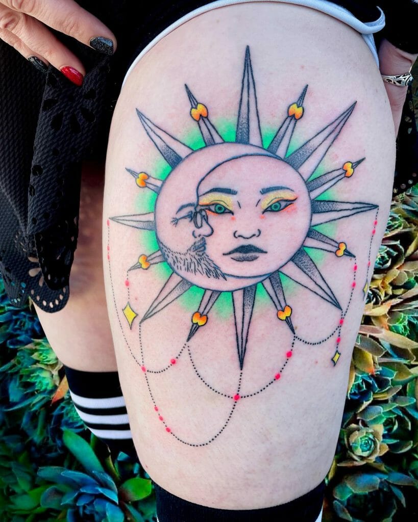 Sun And Crescent Moon Oberschenkel Tattoo-Ideen