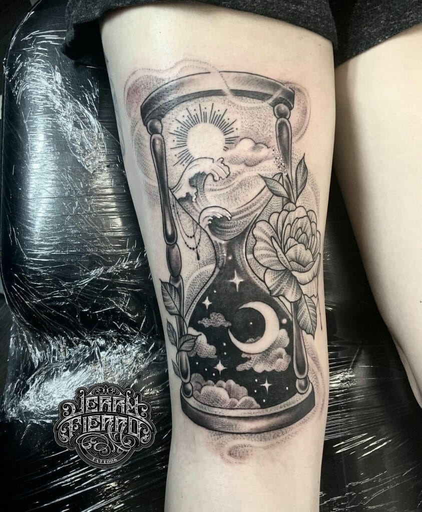 Sonne und Mond Tattoo in einer Sanduhr