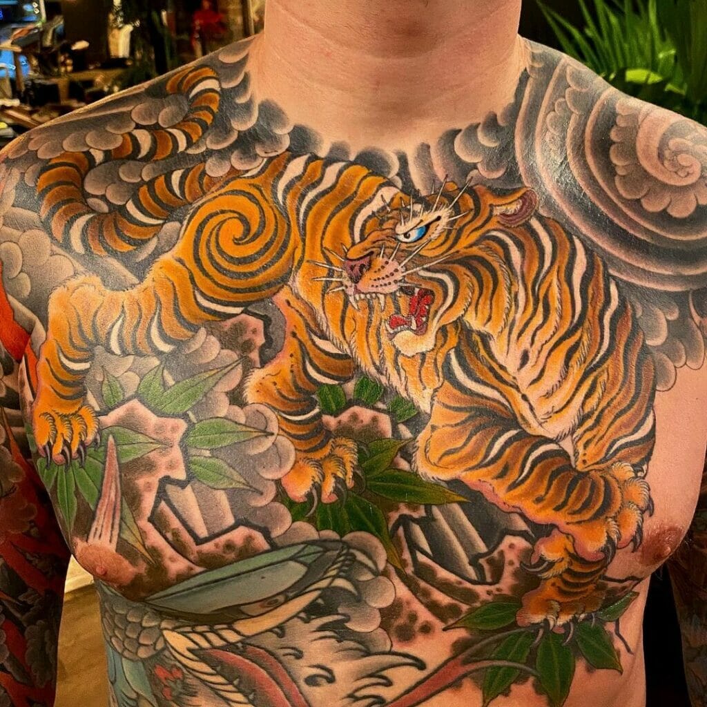 Traditional tiger tattoo on chest