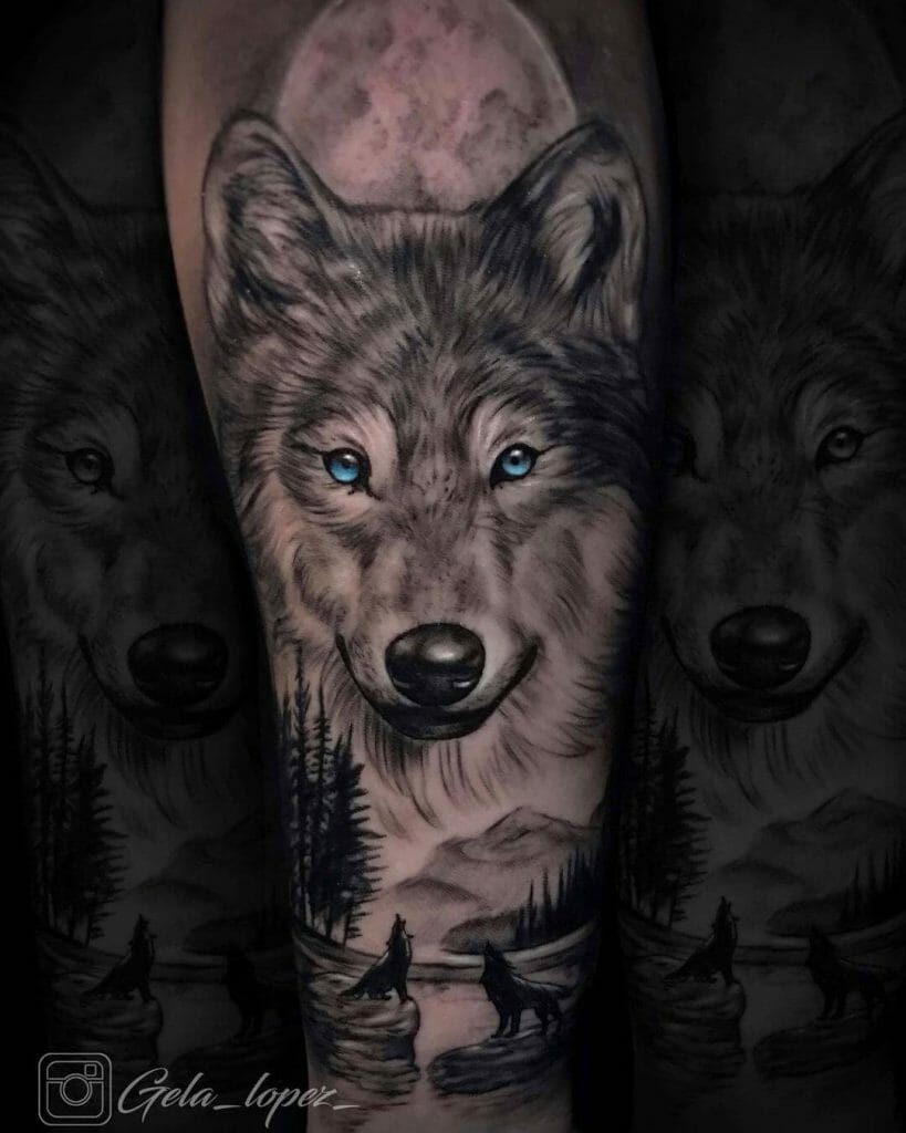 Wolf tattoo on the back of the forearm