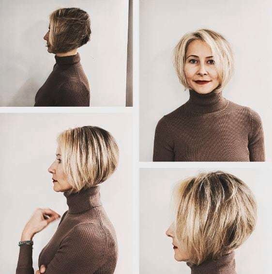 bob with shaved nape blond short hair dark roots