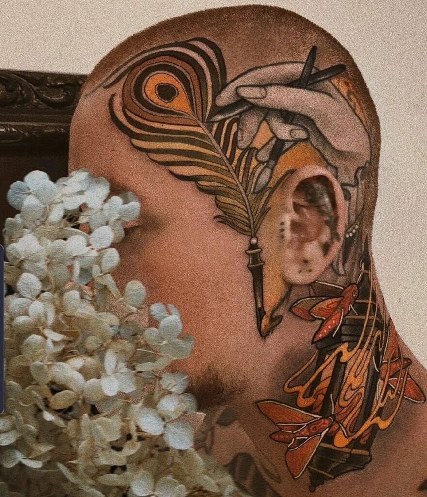 Set of Quills Feather Sideburns Face Tattoo