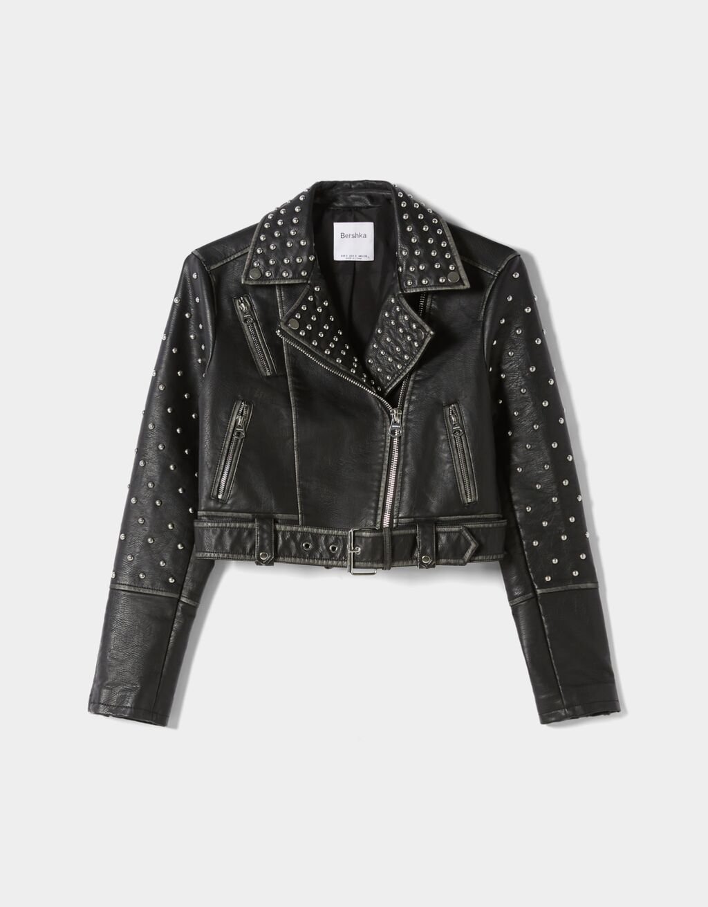 Studded leather effect biker jacket.