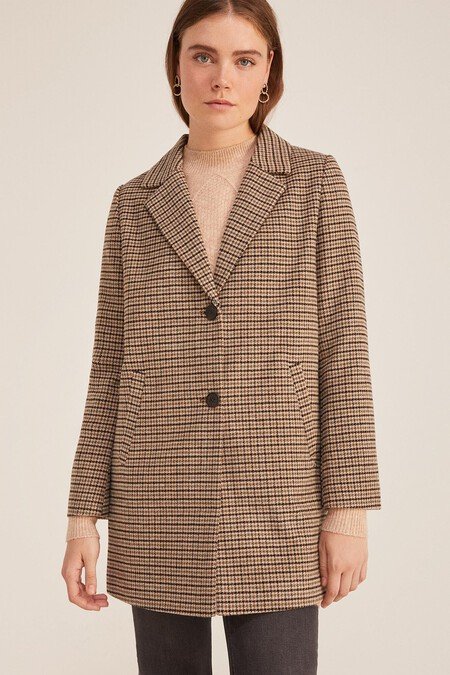 Checked Wool Lapel Coat