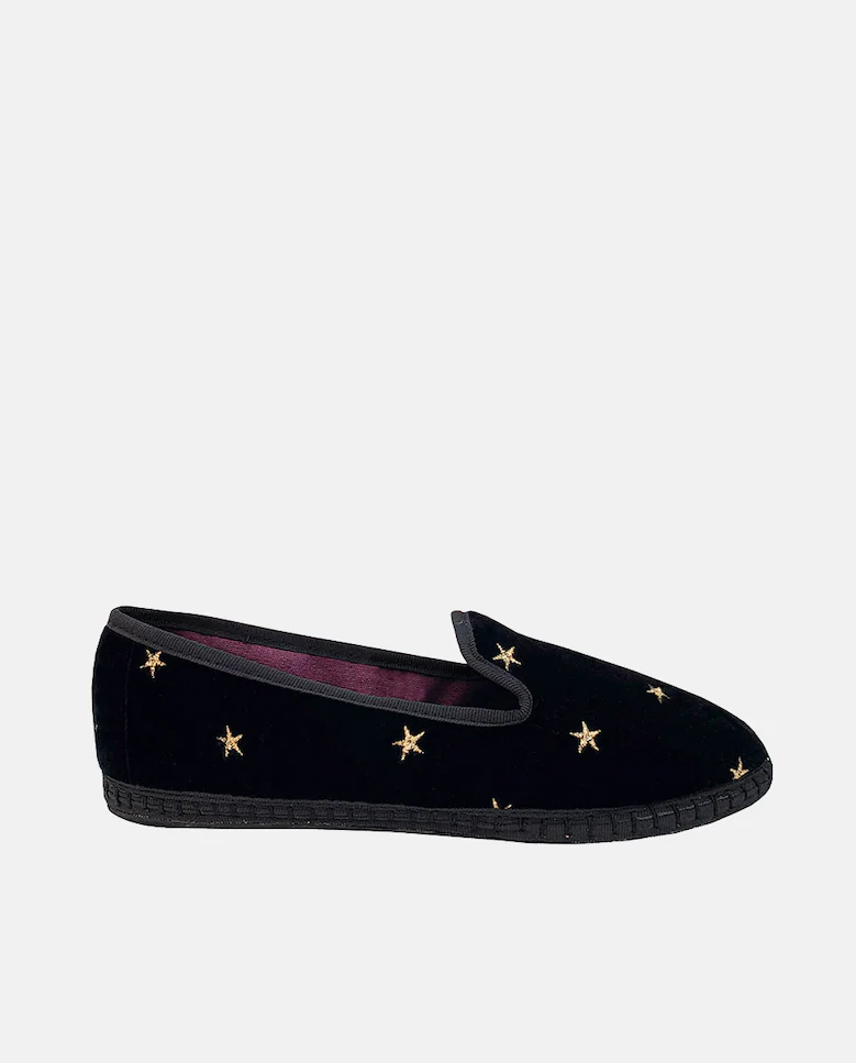 Black velvet slippers with golden stars combined with black trim by Flabelus