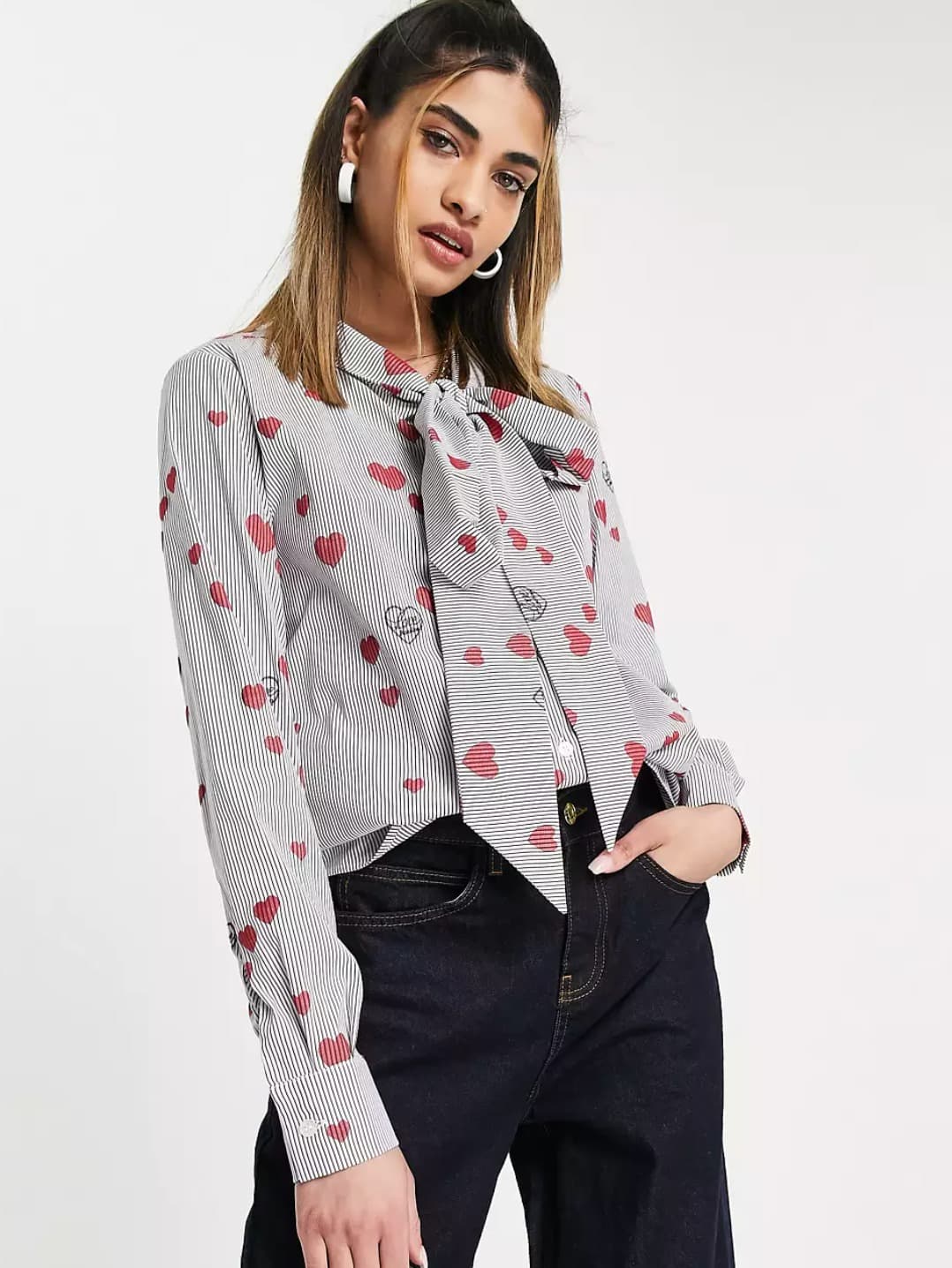 Love Moschino tie neck blouse in multi with small hearts print