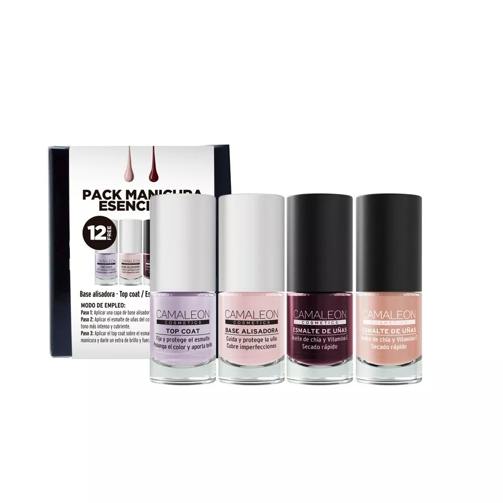 Camaleon Cosmetics - Smoothing Base Treatment Pack and Top Coat + Two Nail Polishes - Burgundy and Nude Color - Vegan - 4 Units.