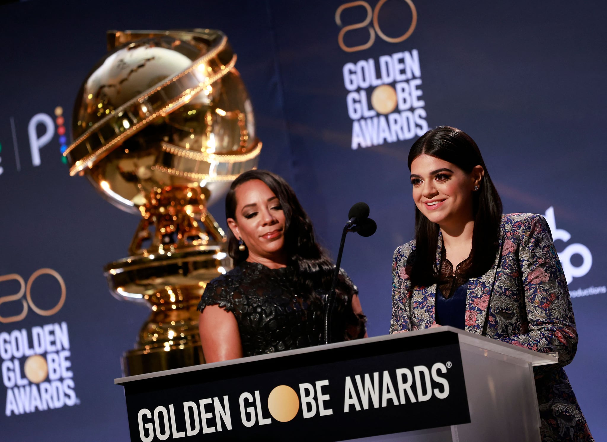US actress Selenis Leyva (L) and US actress Mayan Lopez speak during the unveiling of the nominations for the 80th Golden Globe Awards on December 12, 2022 in Berverly Hills, California.  - Irish black comedy 