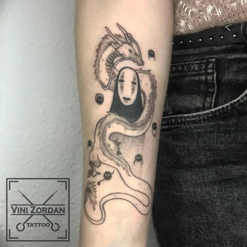 Fine line haku dragon tattoo with spirit