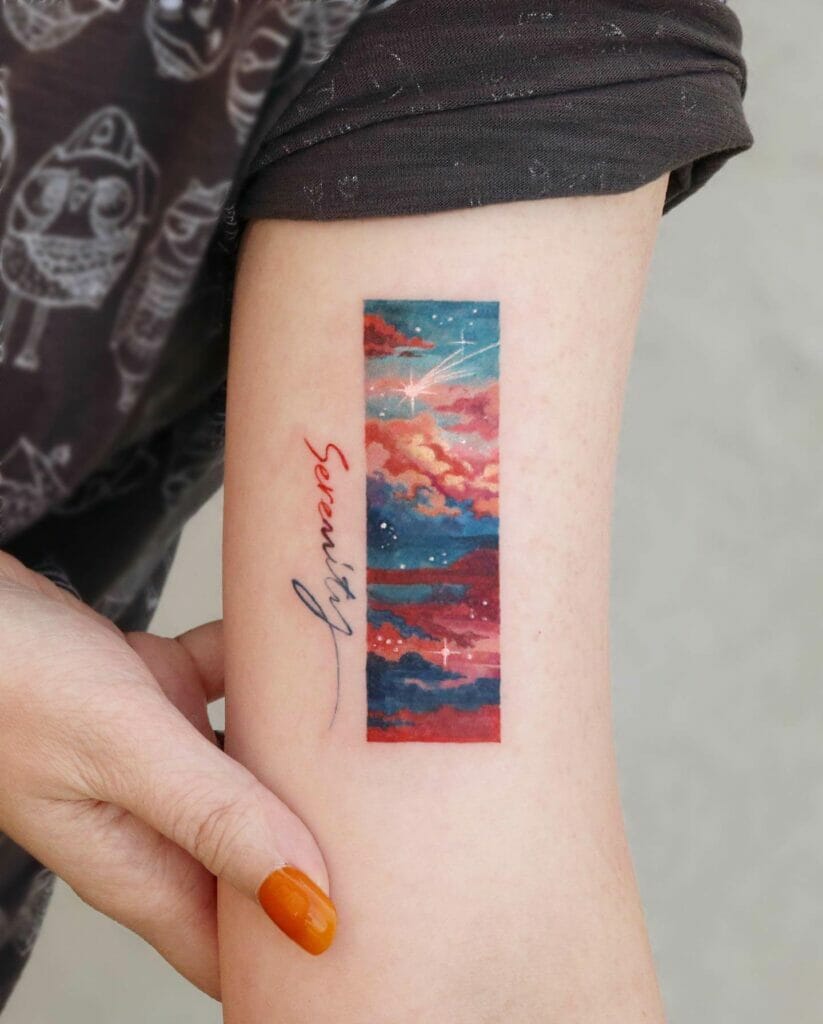 Colorful cloud tattoo with sparkling stars