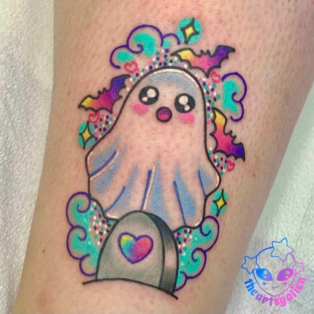 Multicolored Cute Halloween Ghost Tattoo