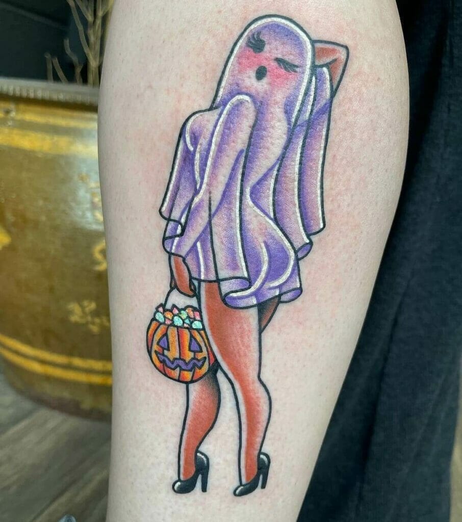 Funny Ghost and Jack O' Lantern Halloween Tattoo