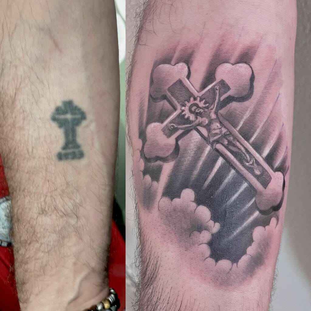 Coverup cross tattoo with clouds and the figure of Christ