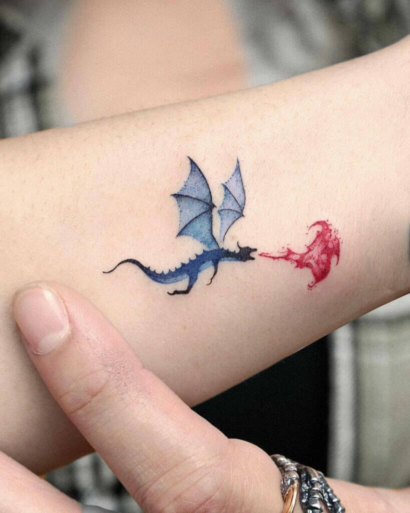 Mini Blue Fire Spitting Rising Dragon Tattoo