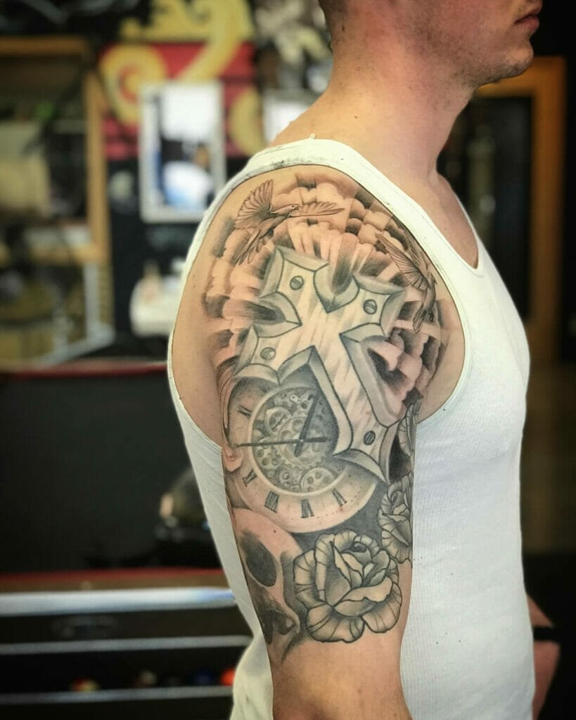 Half-Sleeve Metallic Cross with Cloud Tattoo Design