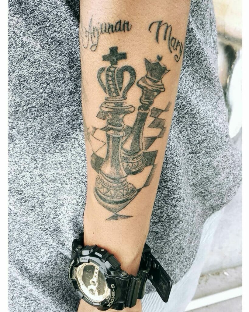 Chessboard themed king and queen chess piece tattoo