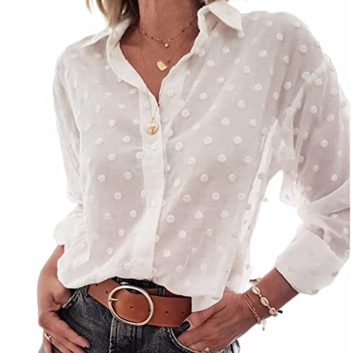 Women's Elegant Blouse Casual Polka Dot Shirt with Long Sleeve Crop Top Transparent Loose Mesh Casual Shirt for Spring Summer (White, L)