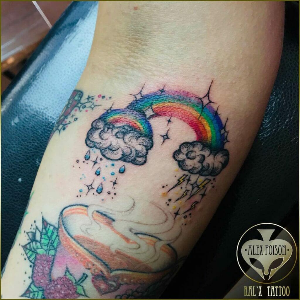 Rainbow Cloud Tattoo with Lightning and Stars