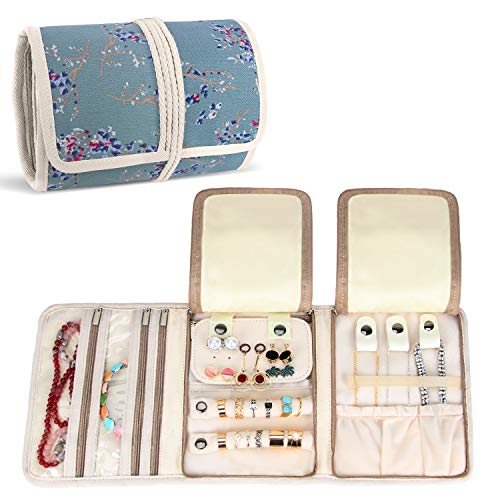 Teamoy Roll for Jewelry Jewelry Organizer Travel Case for Necklaces, Earrings, Bracelets, Brooches, 3 Folders, Various Departments, Flowers