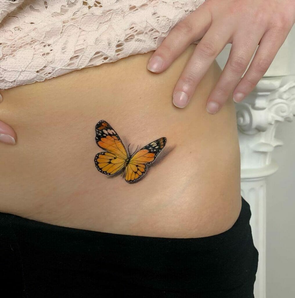 Yellow 3D Butterfly Hip Tattoo