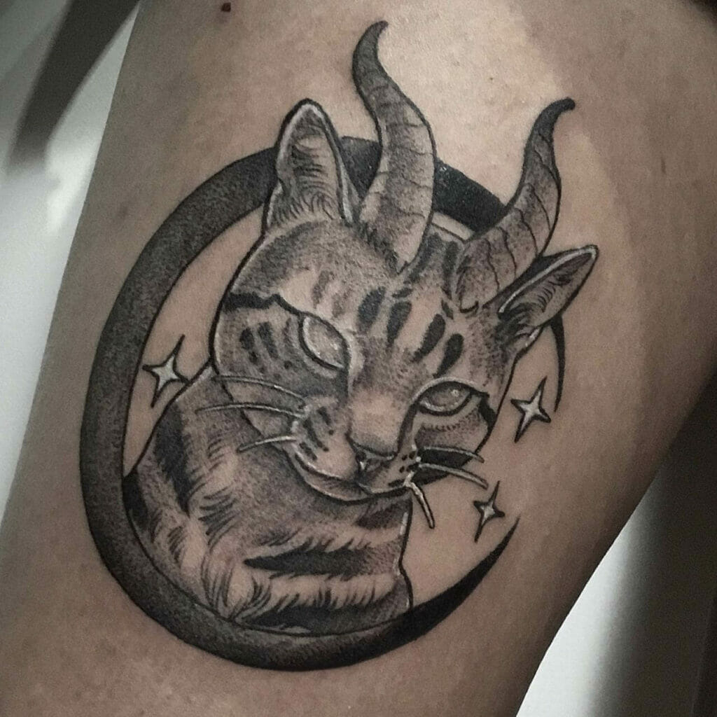 Cute Black Magical Cat Tattoo Art