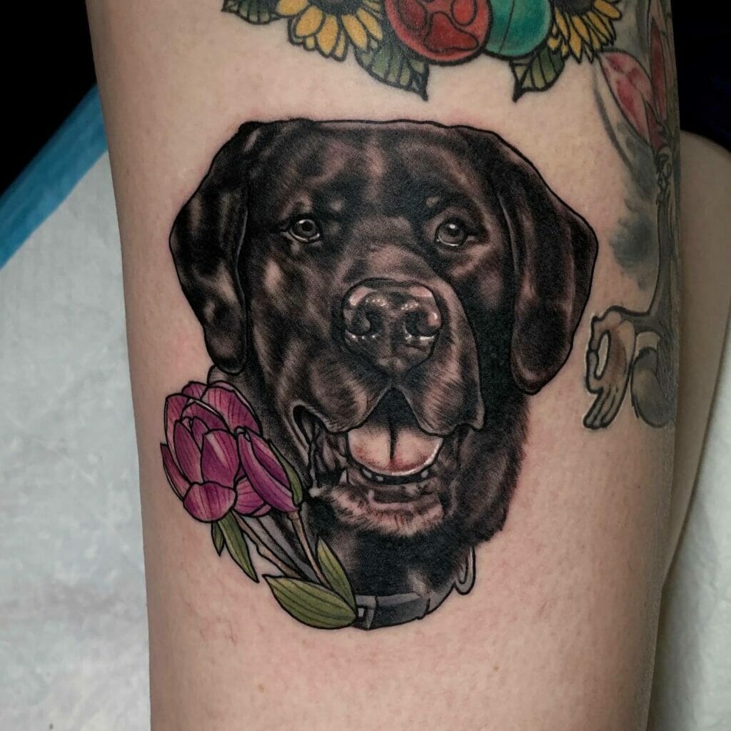Black floral design labrador retriever tattoo