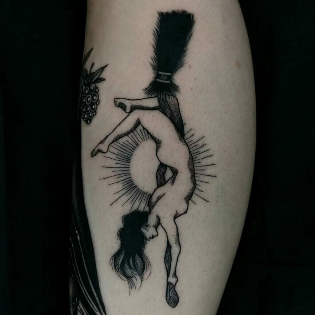 Witch with a Broomstick Black Magic Tattoo