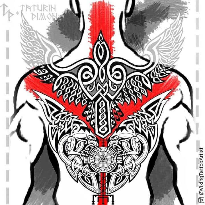 Aztec red and black munin and hugin tattoo