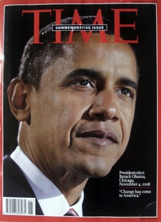 Front page of Time Magazine newspaper November 4, 2008. Editorial is the election of Barack Obama as President of the United States.  story