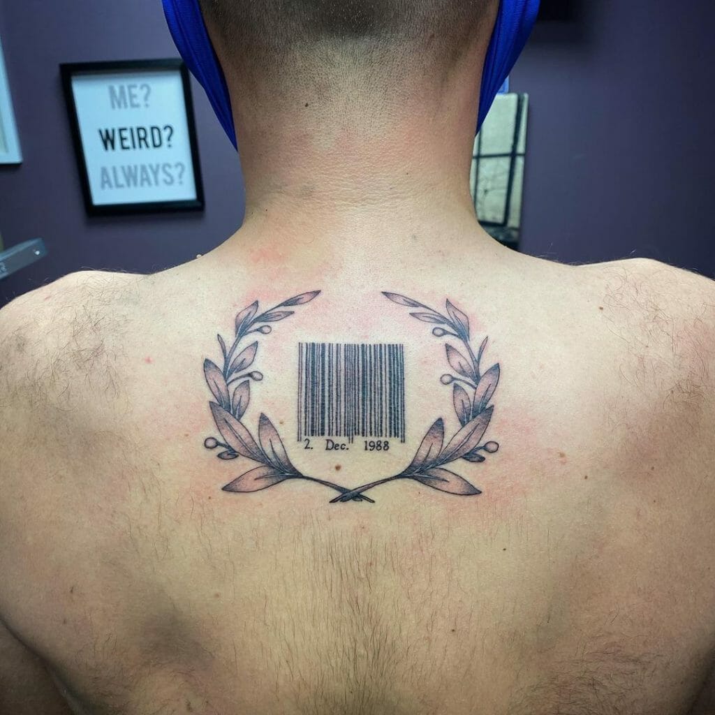 Barcode tattoo with olive branch