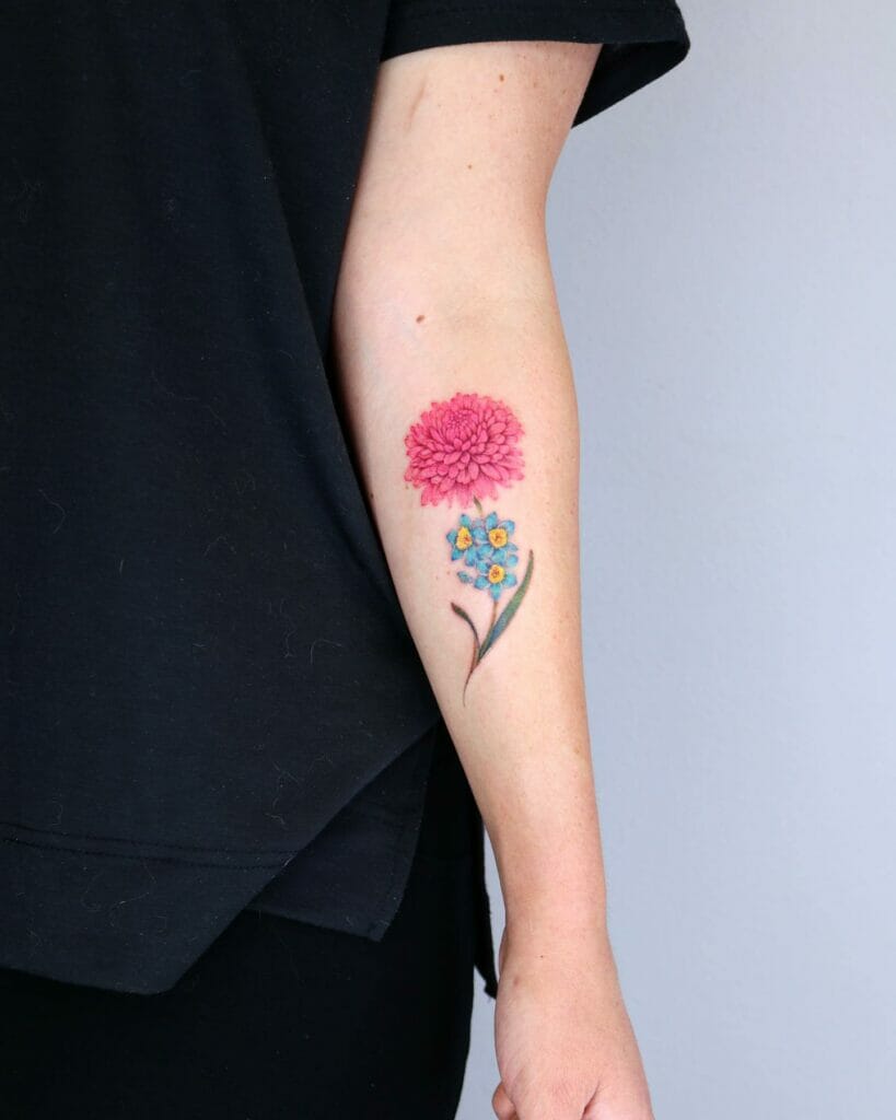 Beautiful chrysanthemum and small daffodils tattoo